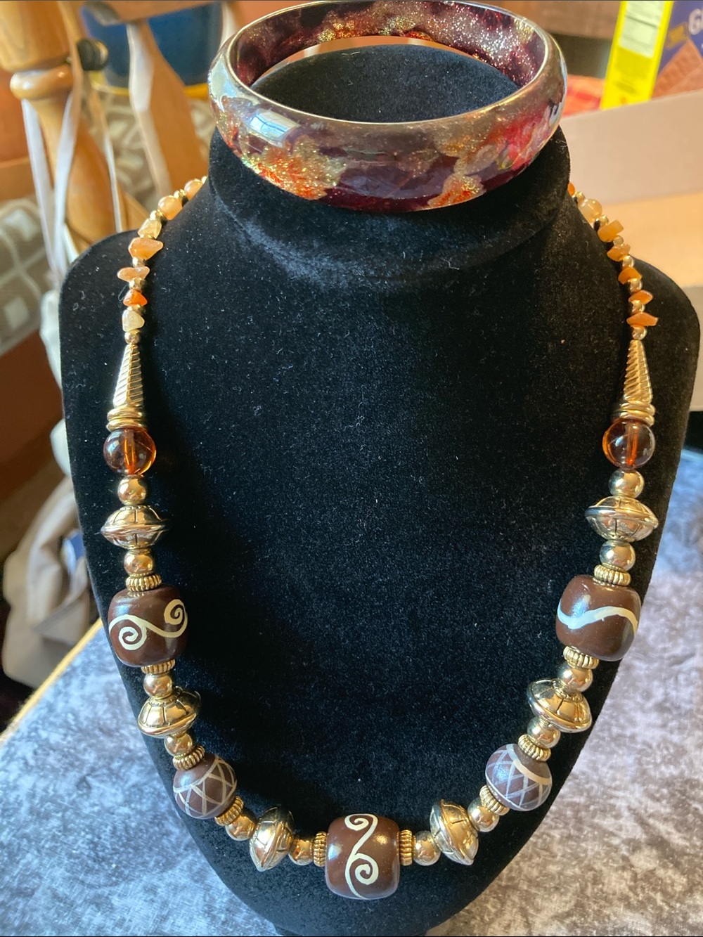 Handcrafted Brown and Golden Beaded Necklace with Swirl Accent Bracelet